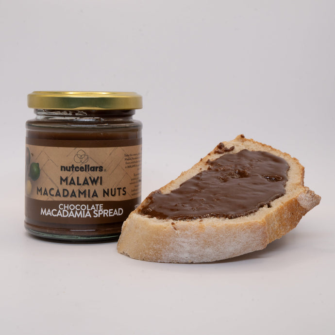 Nutcellars Chocolate Macadamia Spread 170g with serving suggestion spread on bread
