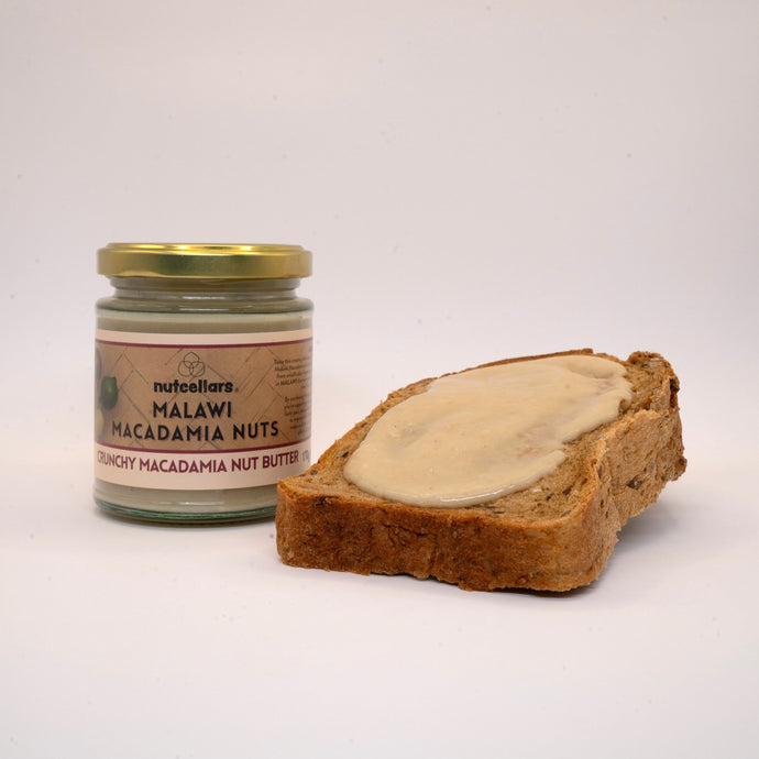 Nutcellars Crunchy Macadamia Nut Butter 170g with serving suggestion on toast