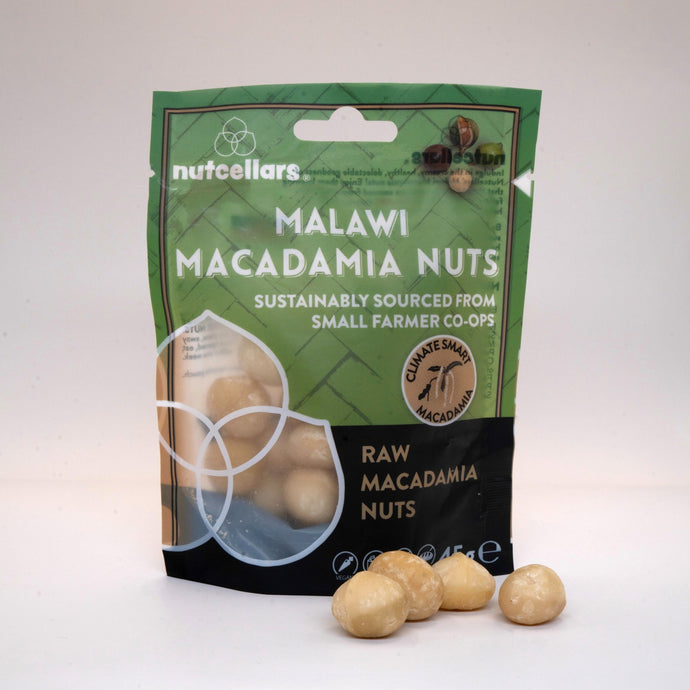 Raw whole macadamia nuts in snack sized bag 45g. Macadamias from smallholder farmers in Malawi