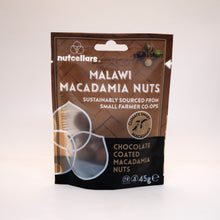 Chocolate coated macadamia nuts in a snack sized bag 45g. Macadamias from smallholder farmers in Malawi
