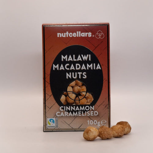 Nutcellars Fairtrade cinnamon caramelised macadamia nuts outside box