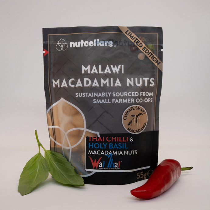 Nutcellars Limited Edition Macadamia nuts Thai Chilli Holy Basil flavour snack sized macadamias